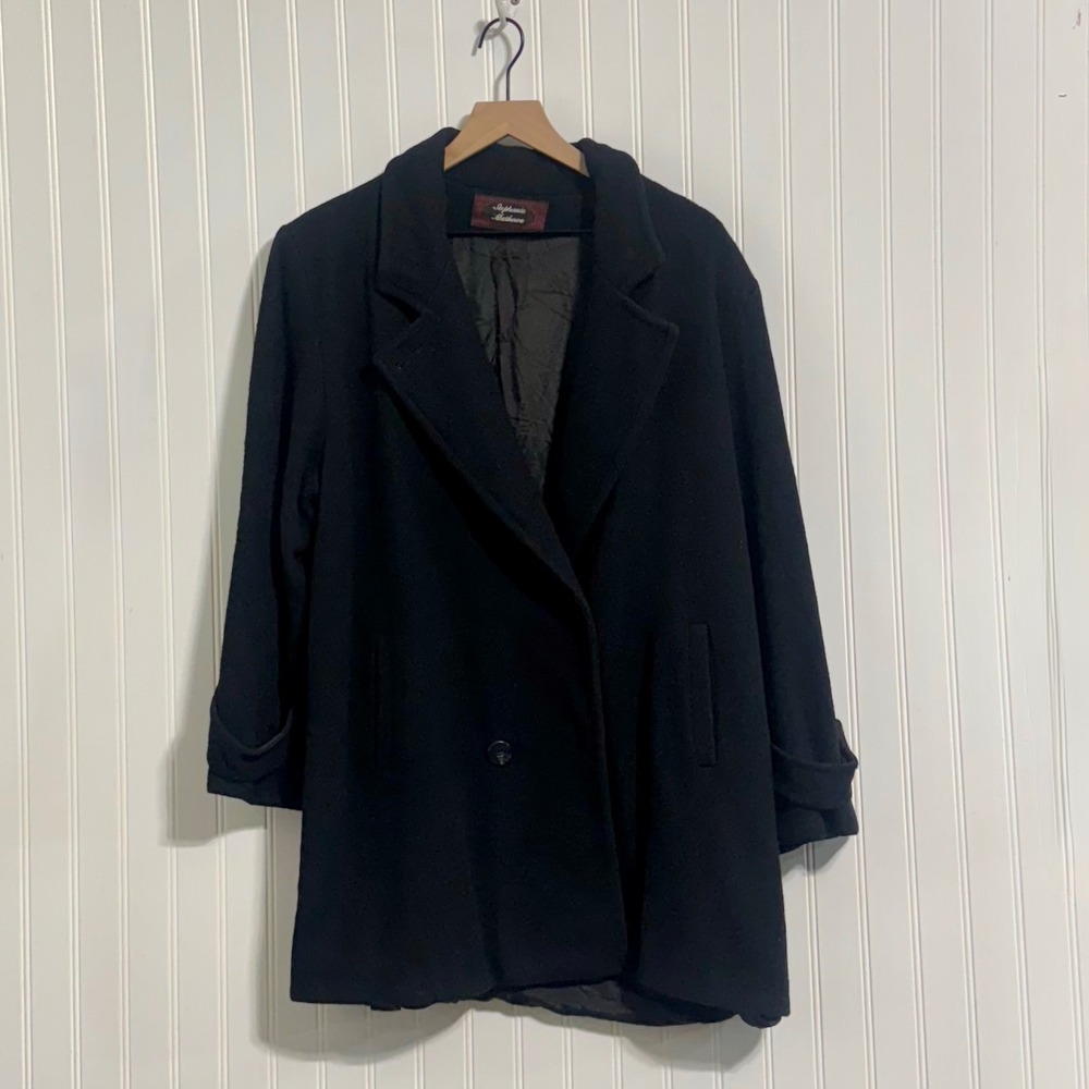 Stephanie Mathews Vintage Black Wool Overcoat‎ Size 16 Made in USA Trench Career